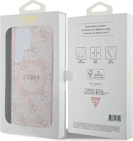 Mbështjellës Guess 4G Collection Leather Metal Logo MagSafe për Samsung Galaxy S24 Ultra hardcase TPU/PC me lëkurë eko magnetik MagSafe rozë