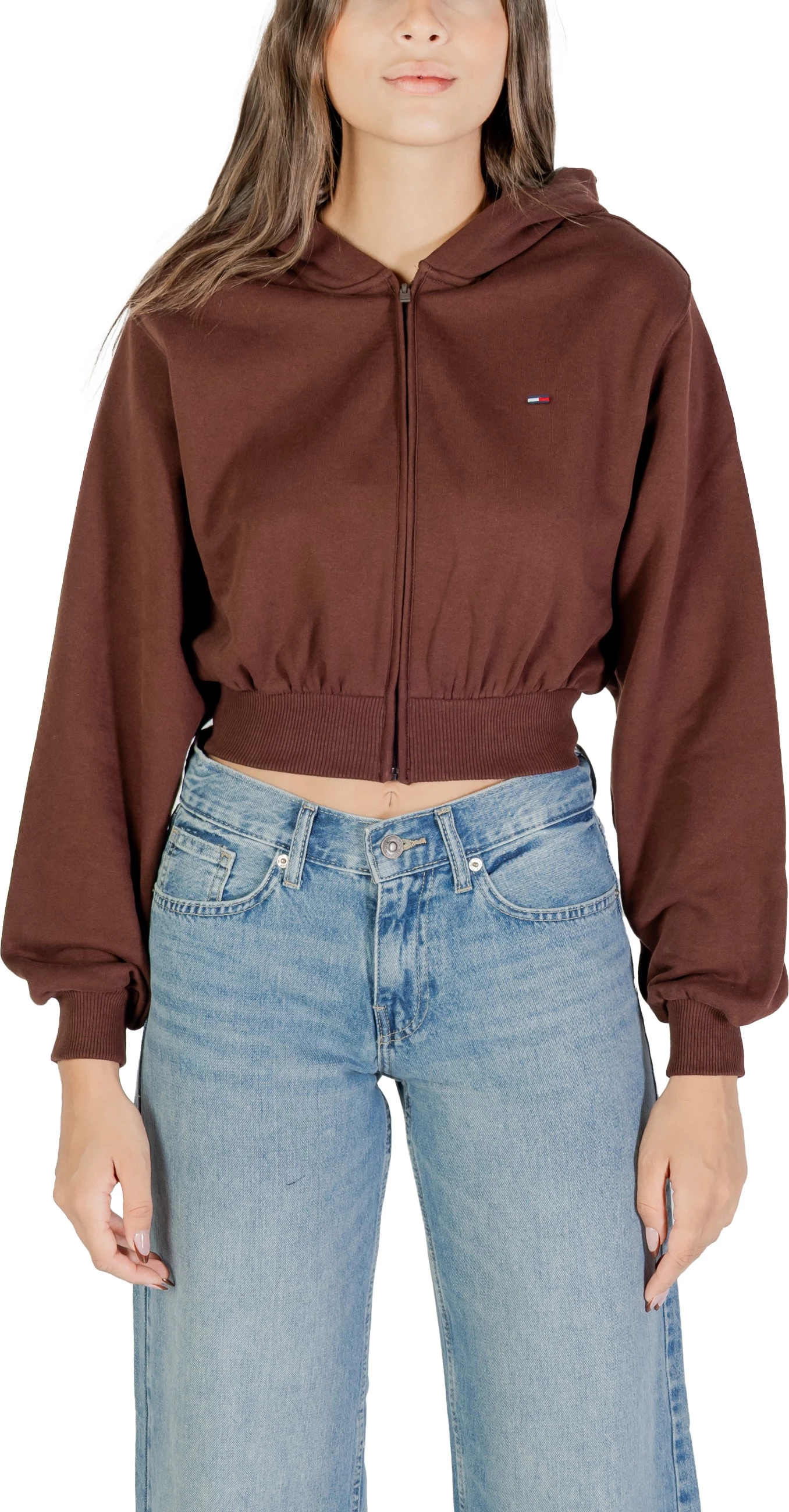 Duks i shkurtë me kapuç me zinxhir për femra Tommy Hilfiger Jeans DW0DW21590, kafe