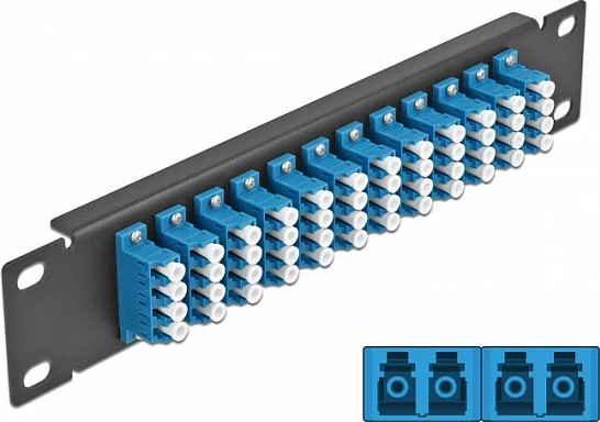 Patch panel fibër optike DeLOCK 10" 12-port LC Quad, 1U rack mount, SMF, Zi/Kaltër