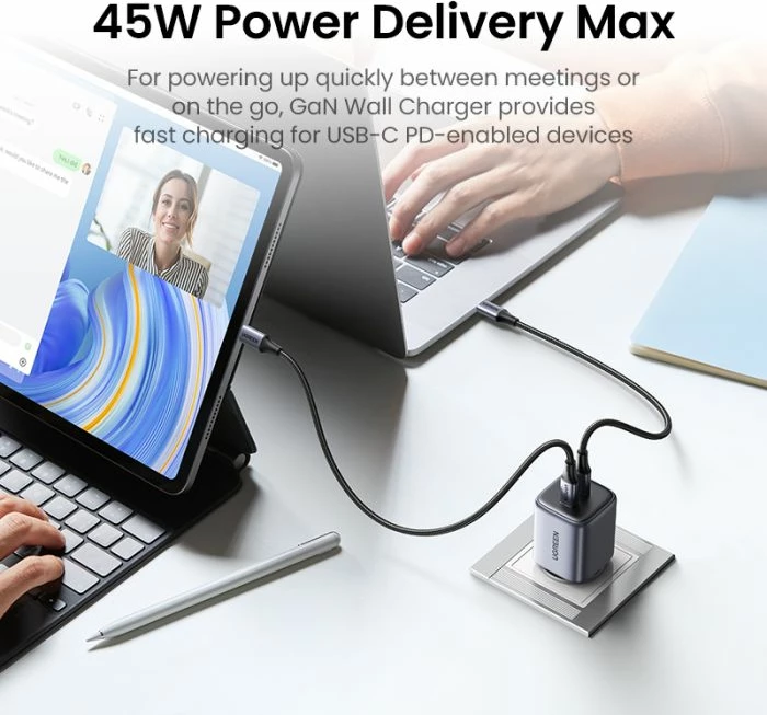 Karikues USB-C UGREEN Nexode 45W GaN II PD 3.0, 2x USB-C, gri
