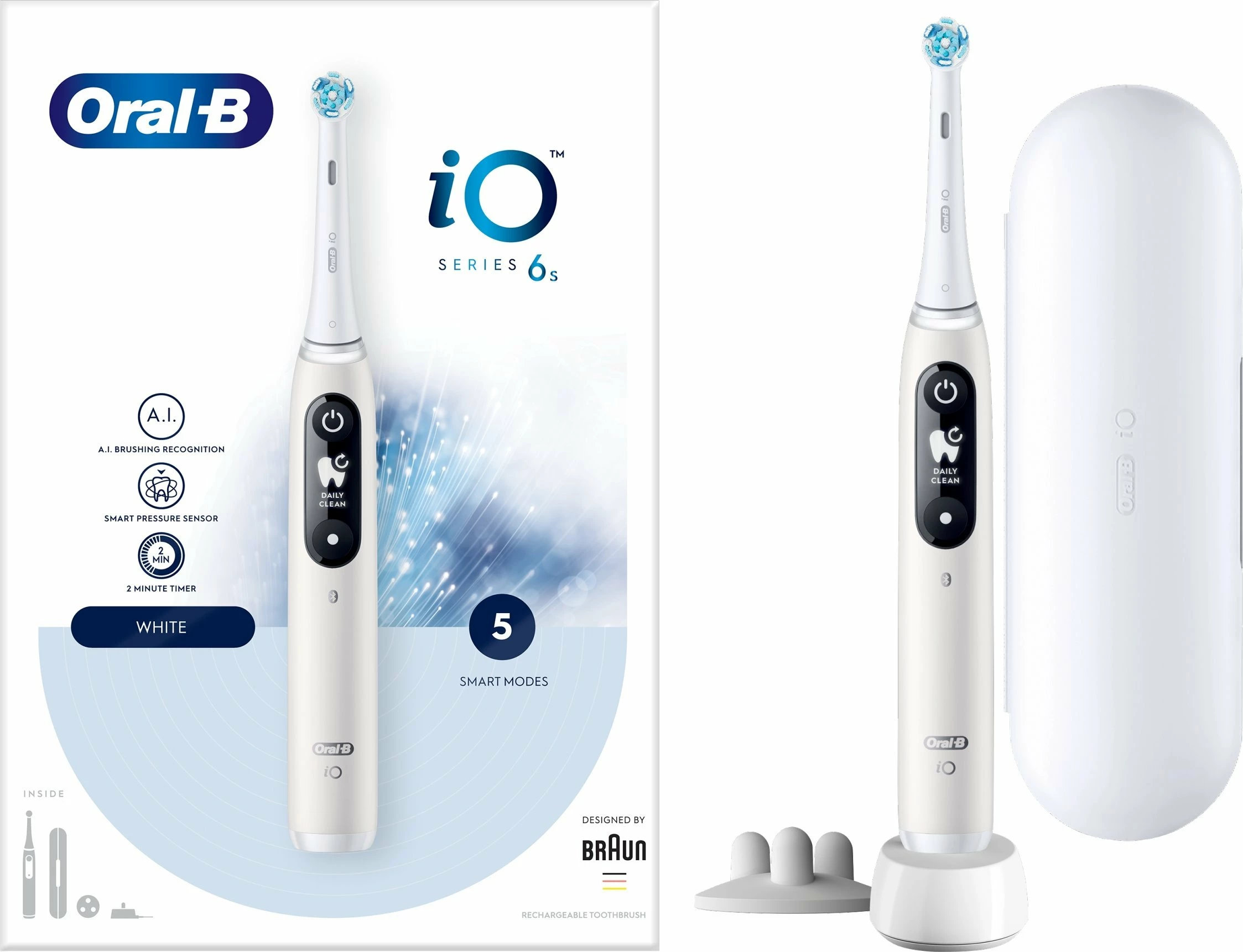Furçë dhëmbësh elektrike Oral-B iO Series 6, 5 mënyra, OLED, me sensor presioni, me aplikacion, set 1 kokë + stacion karikimi + kuti udhëtimi, e bardhë