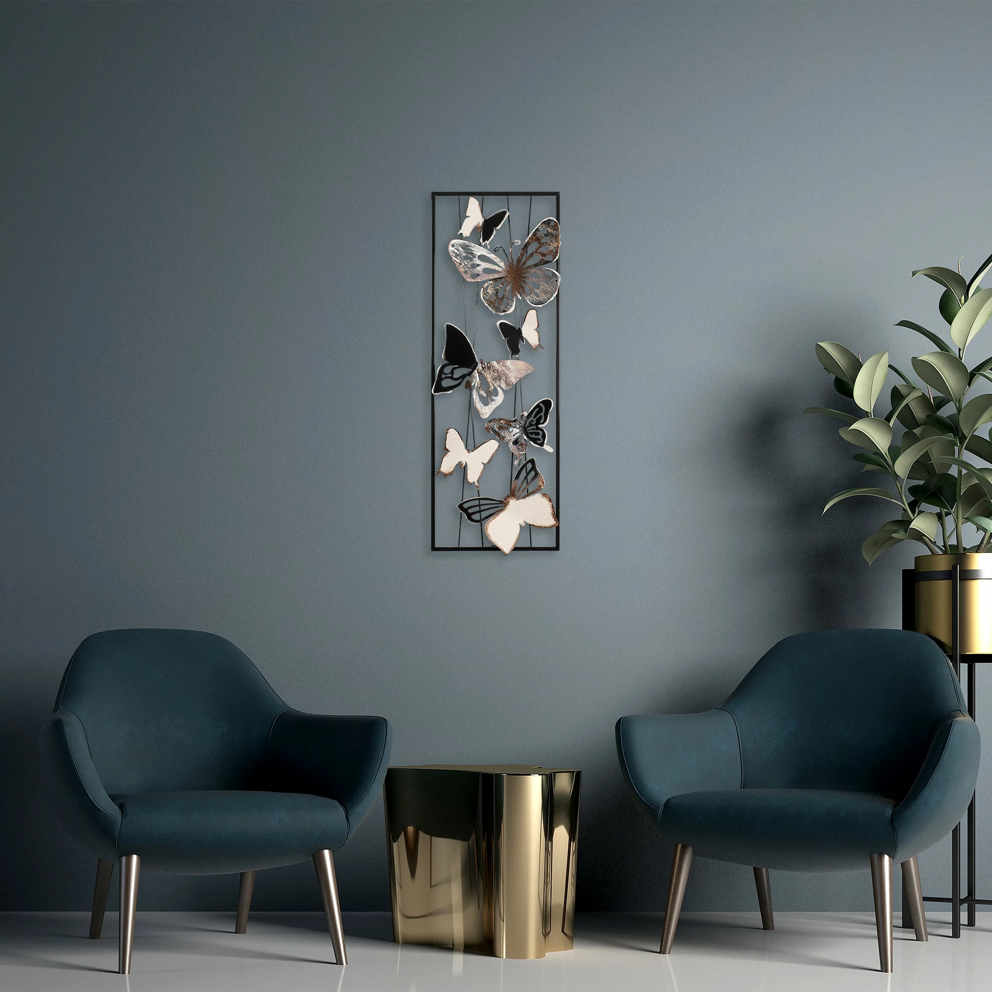 Aksesor dekorativ metalik për mur, Wallity Kelebek, shumëngjyrësh, 32x90x5cm