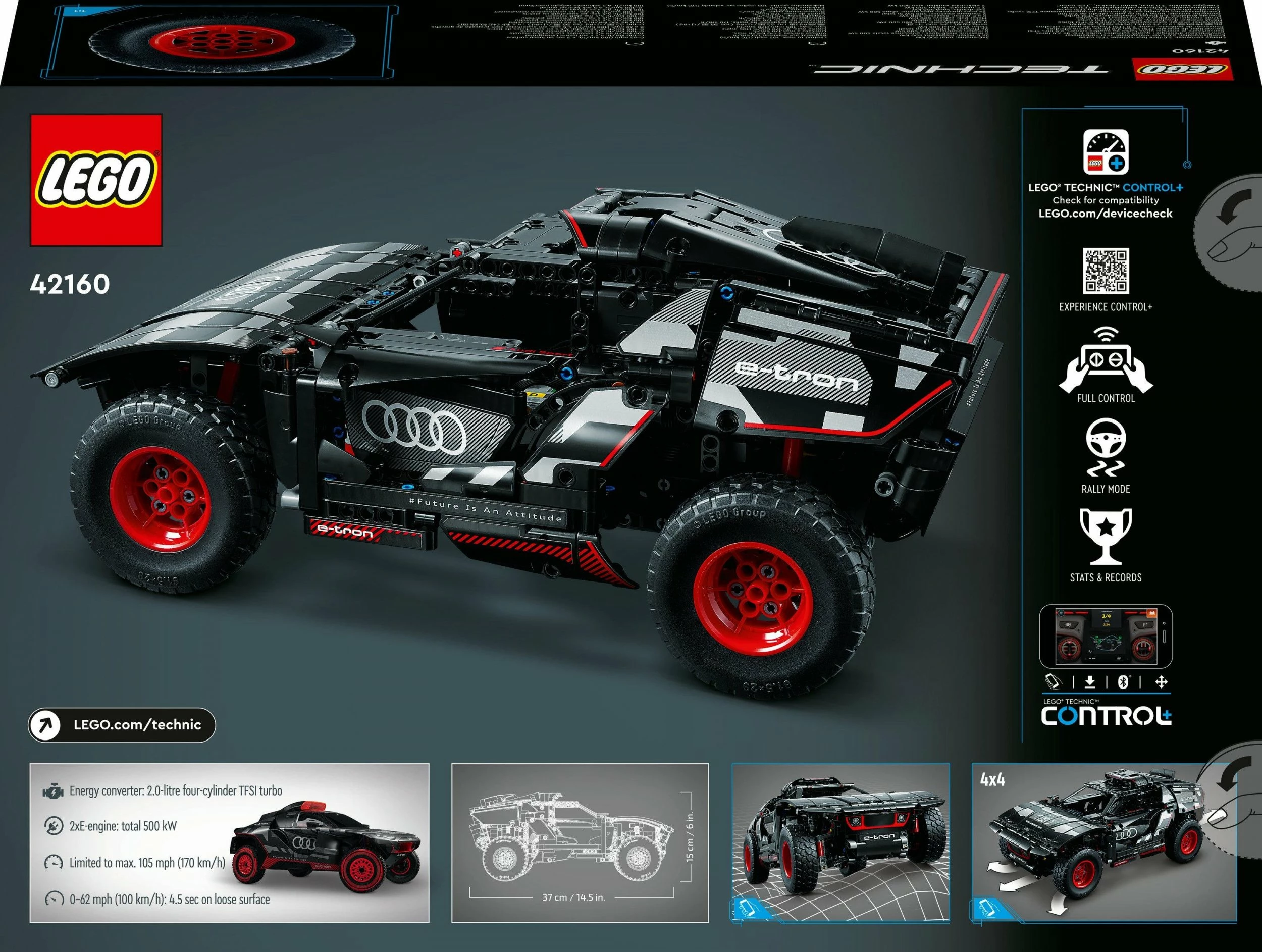 Set LEGO Technic Audi RS Q e-tron 42160, 914 copë, RC me CONTROL+ app, 10+, e zezë/kuqe