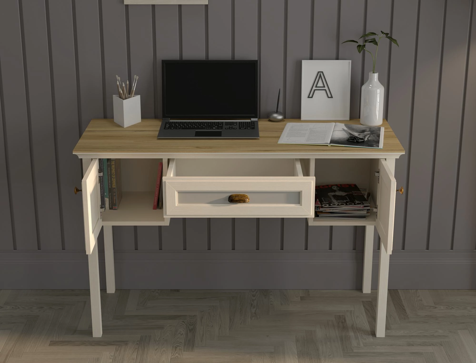 Tavolinë pune Skye Decor, FRN-21033, krem, lis, gri
