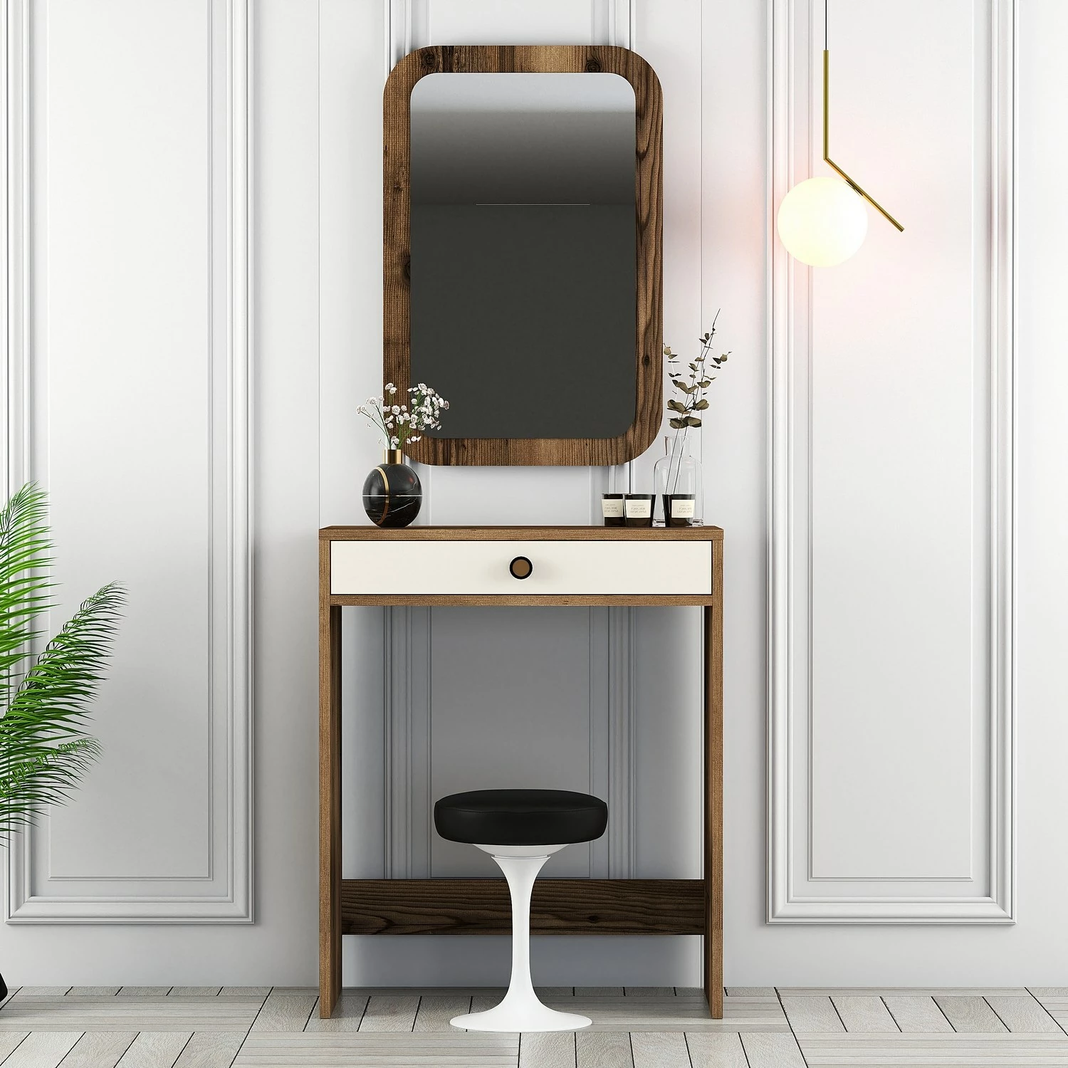 Tavolinë grimi Skye Decor me pasqyrë Lizbon, ngjyrë arre dhe krem