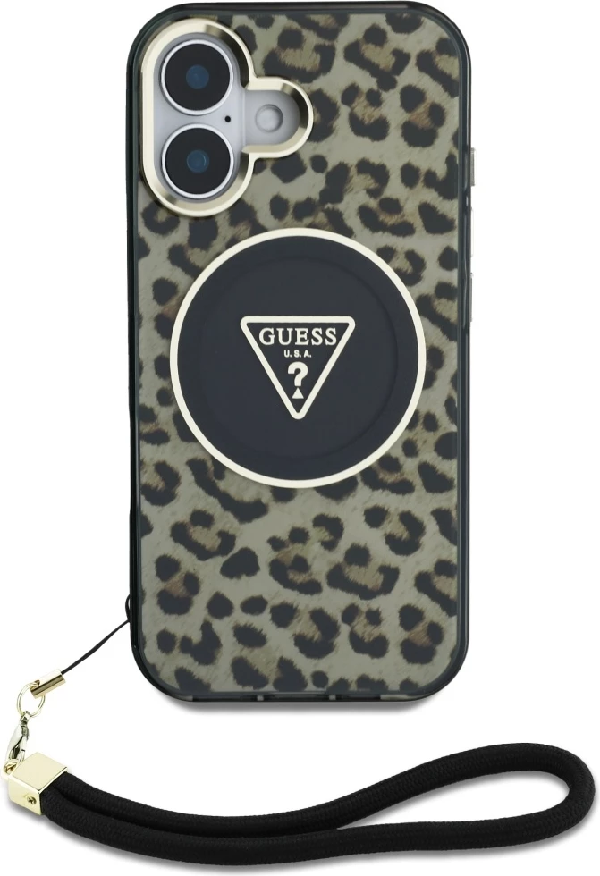 Mbështjellës Guess HC IML Leopard Triangle Cord Strap për iPhone 16, MagSafe, Kafe
