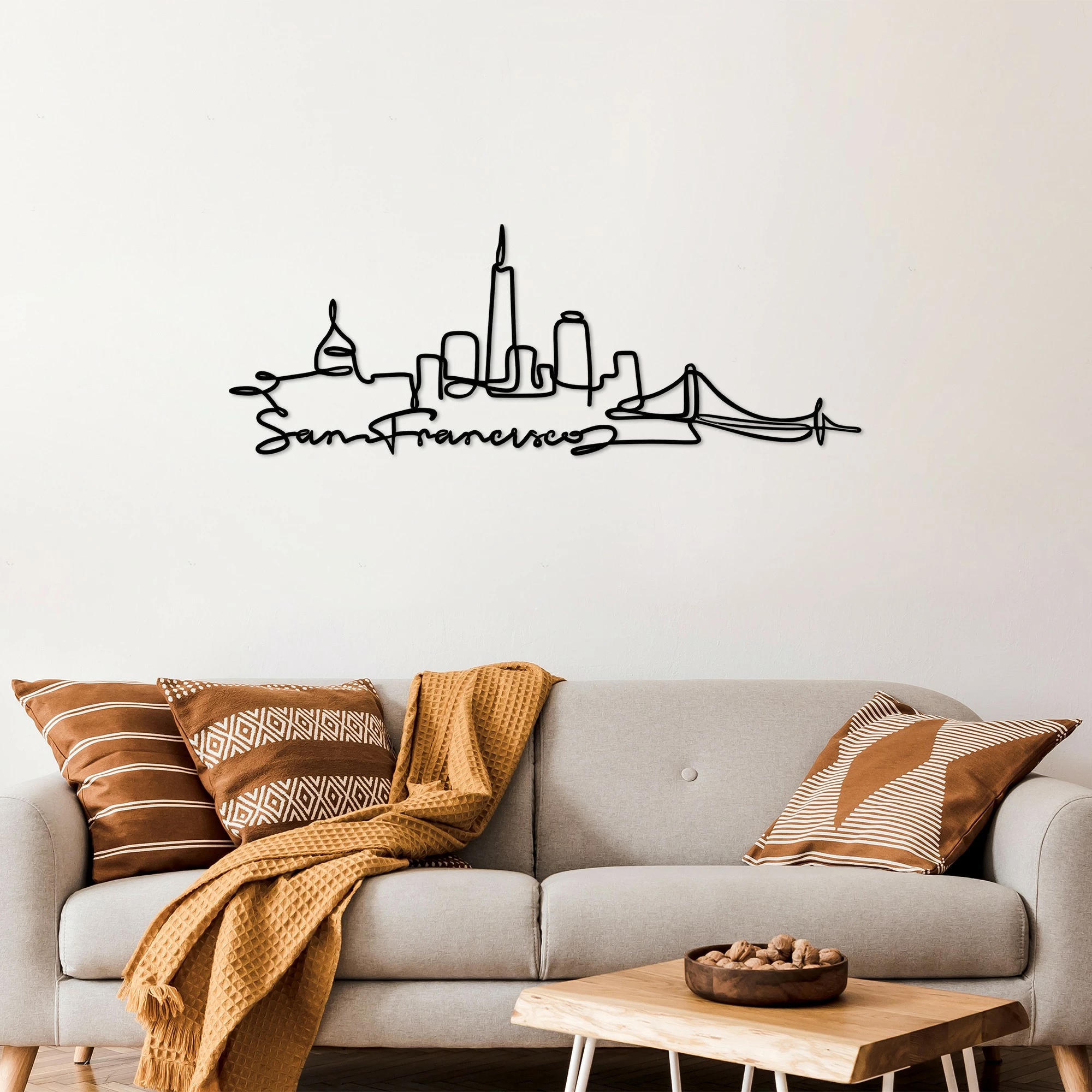 Aksesor dekorativ metalik për mur, skyline San Francisco, ngjyrë e zezë