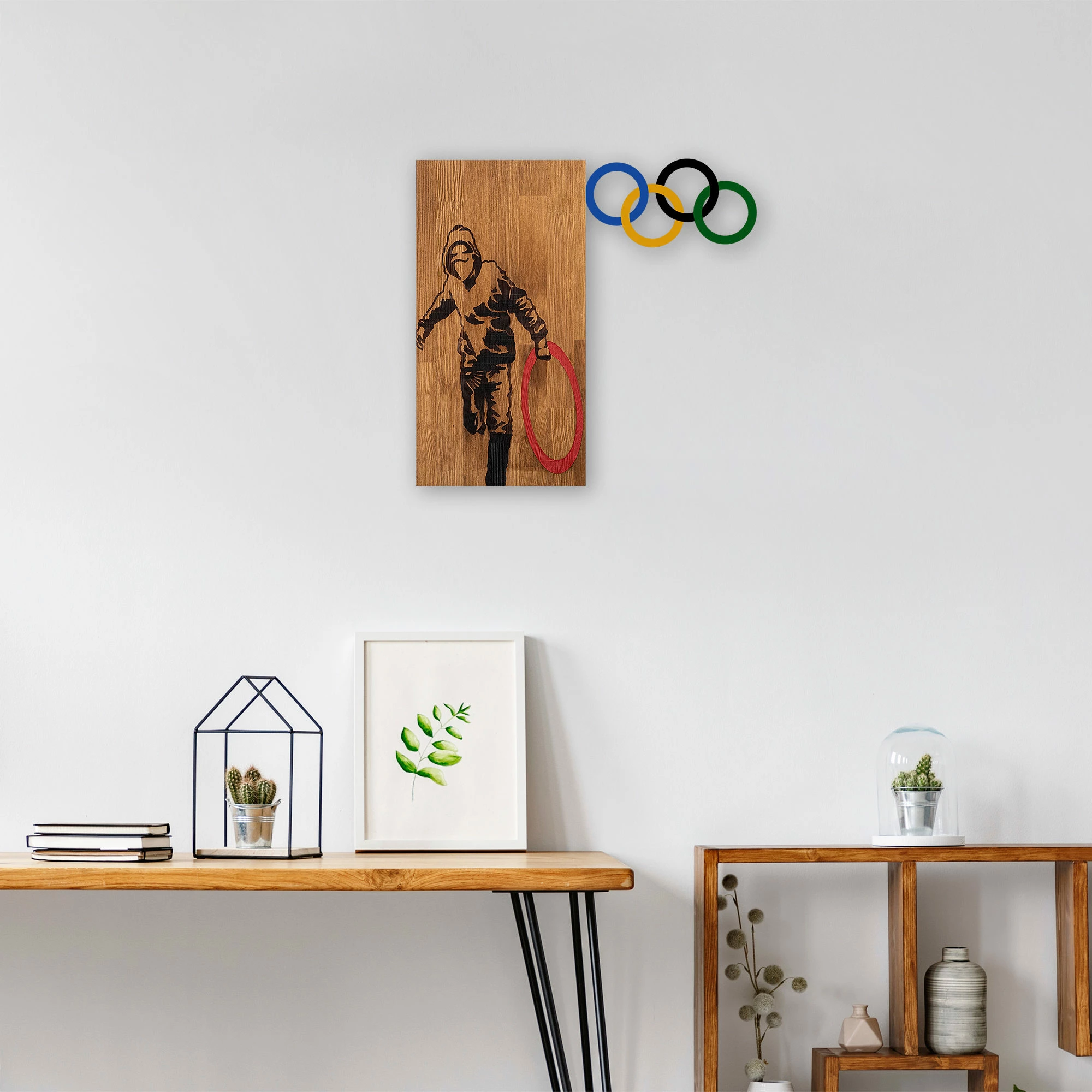 Aksesor dekorativ prej druri për mur, Wallity Banksy - 14, ngjyrë arre, e zezë