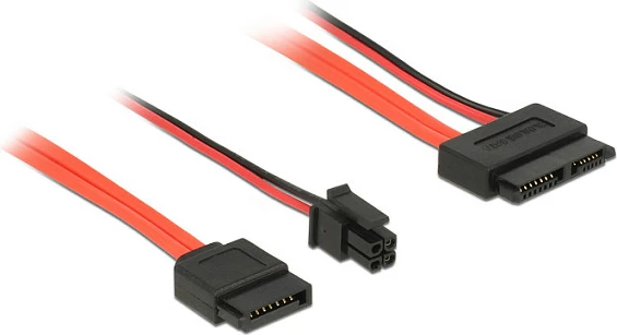 Kabllo adapter SATA III DeLOCK 0.3m, SATA 7-pin + Molex 4-pin në Slim SATA 13-pin, 6 Gbit/s, zi/kuqe