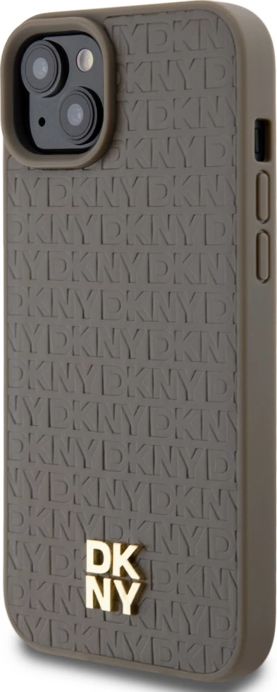 Mbështjellës DKNY Leather Pattern Metal Logo MagSafe për iPhone 15 Plus / 14 Plus, Kafe