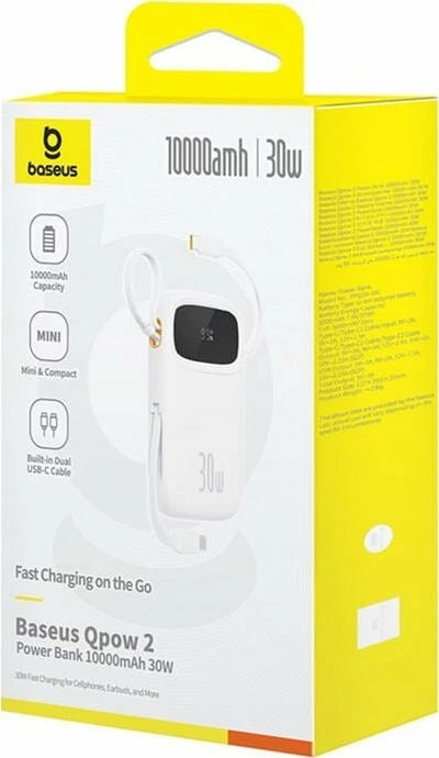 Powerbank Baseus QPow 2 10000mAh 30W 2x USB-C, 1x USB-A, i bardhë