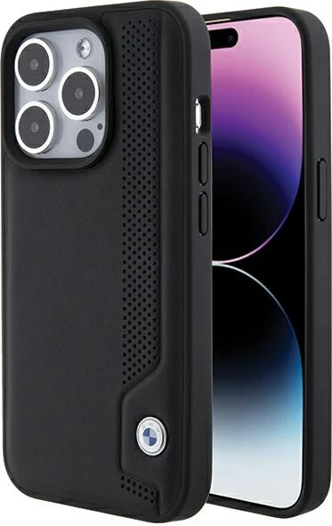 Mbështjellës BMW Leather Blue Dots për iPhone 15 Pro Max, i zi