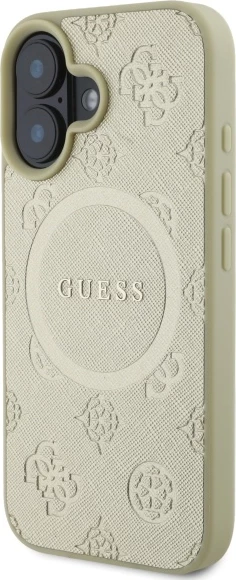 Mbështjellës Guess Saffiano Peony Classic Logo MagSafe për iPhone 16, ari