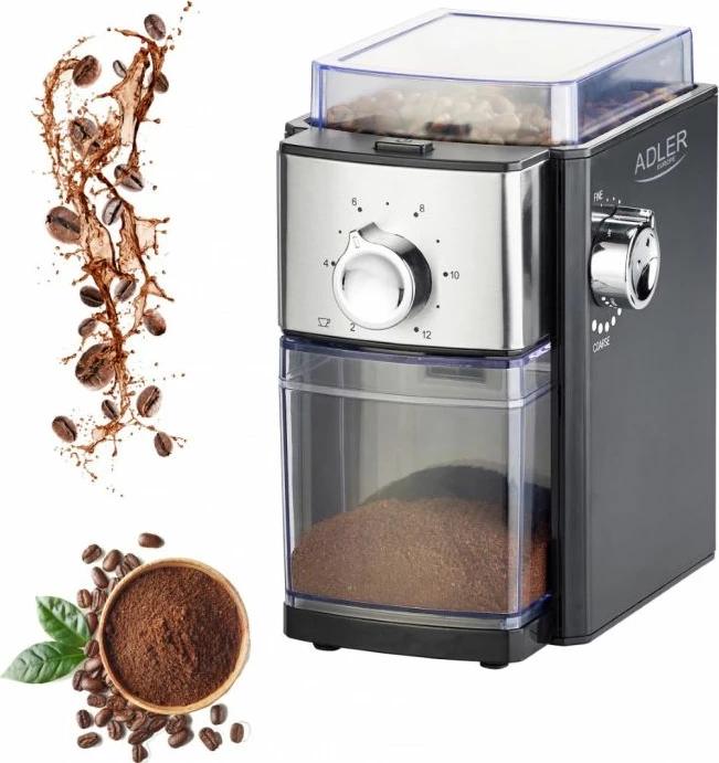 Mulli kafeje Adler AD4448, 250 g, burr metalik, 150 W/300 W max, e zezë/argjendtë