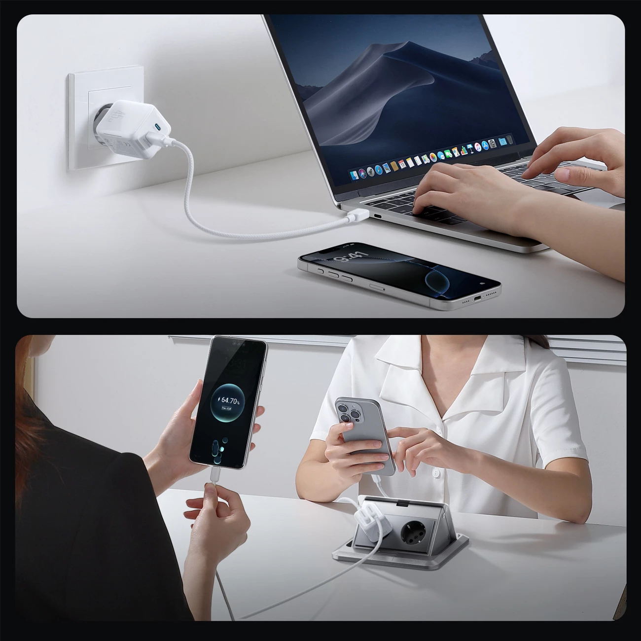 Karikues muri Joyroom JR-TCL05, 45W GaN, 2x USB-C, me organizues kablloje, i bardhë, me kabllo USB-C 1.2m