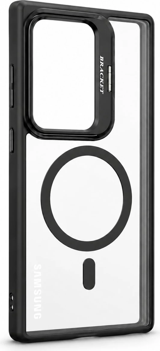 Mbrojtëse Magnetike për Samsung Galaxy S24 Ultra me mbrojtje kamerash dhe Bracket - Transparent/Black për mbështetje - e zezë