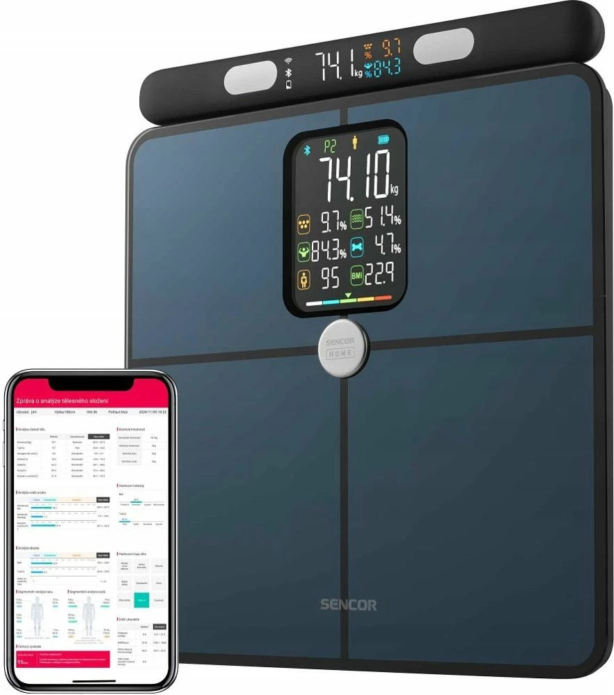 Peshore fitness me Bluetooth Sencor SBS 9102BK, analizë kompozimi trupor, xham i kalitur 6 mm, saktësi 100 g, bateri 4xAAA, e zezë