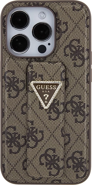 Mbështjellës Guess Grip Stand 4G Triangle Strass për iPhone 15 Pro, kafe