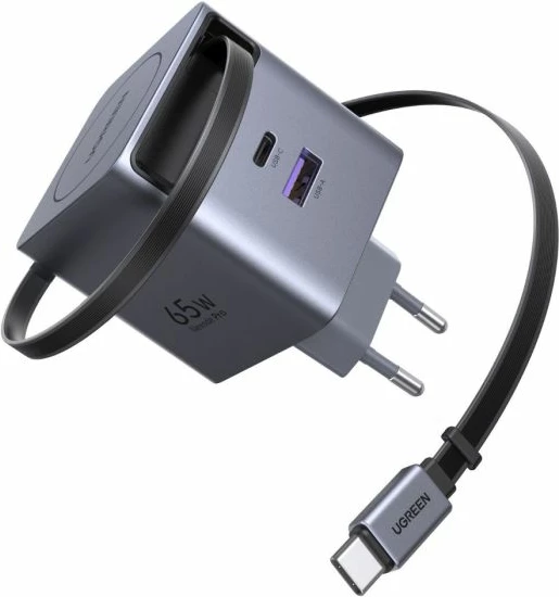 Karikues UGREEN 65825 65W GaN USB-C me kabllo tërheqëse 0.7 m, 2x USB-C + USB-A, gri