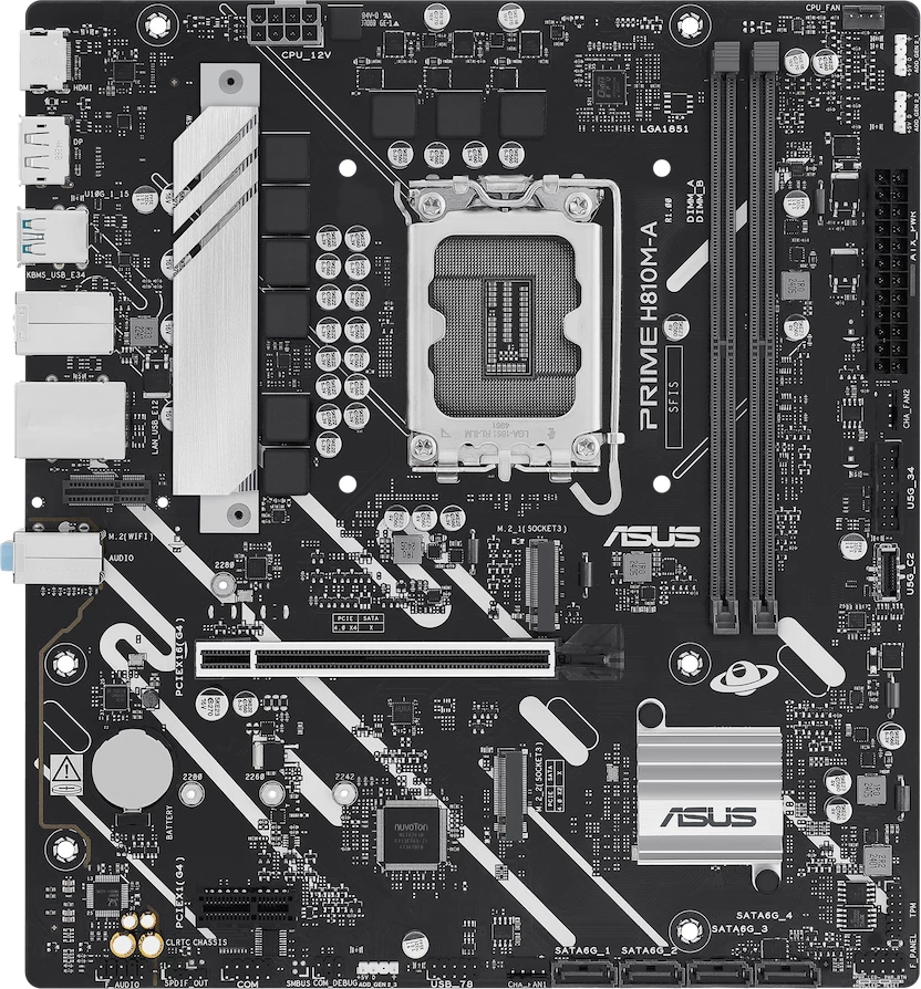 Pllakë amë ASUS PRIME H810M-A-CSM, mATX, LGA1851, DDR5 2xDIMM, 2xM.2, 4xSATA, PCIe 4.0, 1GbE, HDMI/DisplayPort, Aura Sync