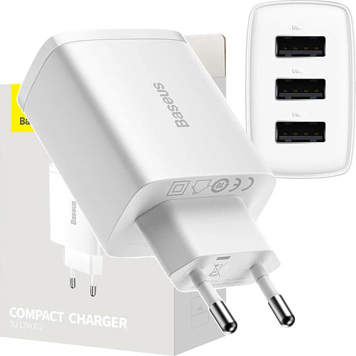 Karikues kompakt Baseus CCXJ020102, 3x USB, 17W, Bardhë