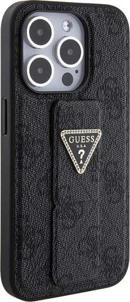 Mbështjellës Guess Grip Stand 4G Triangle Strass për iPhone 15 Pro, i zi