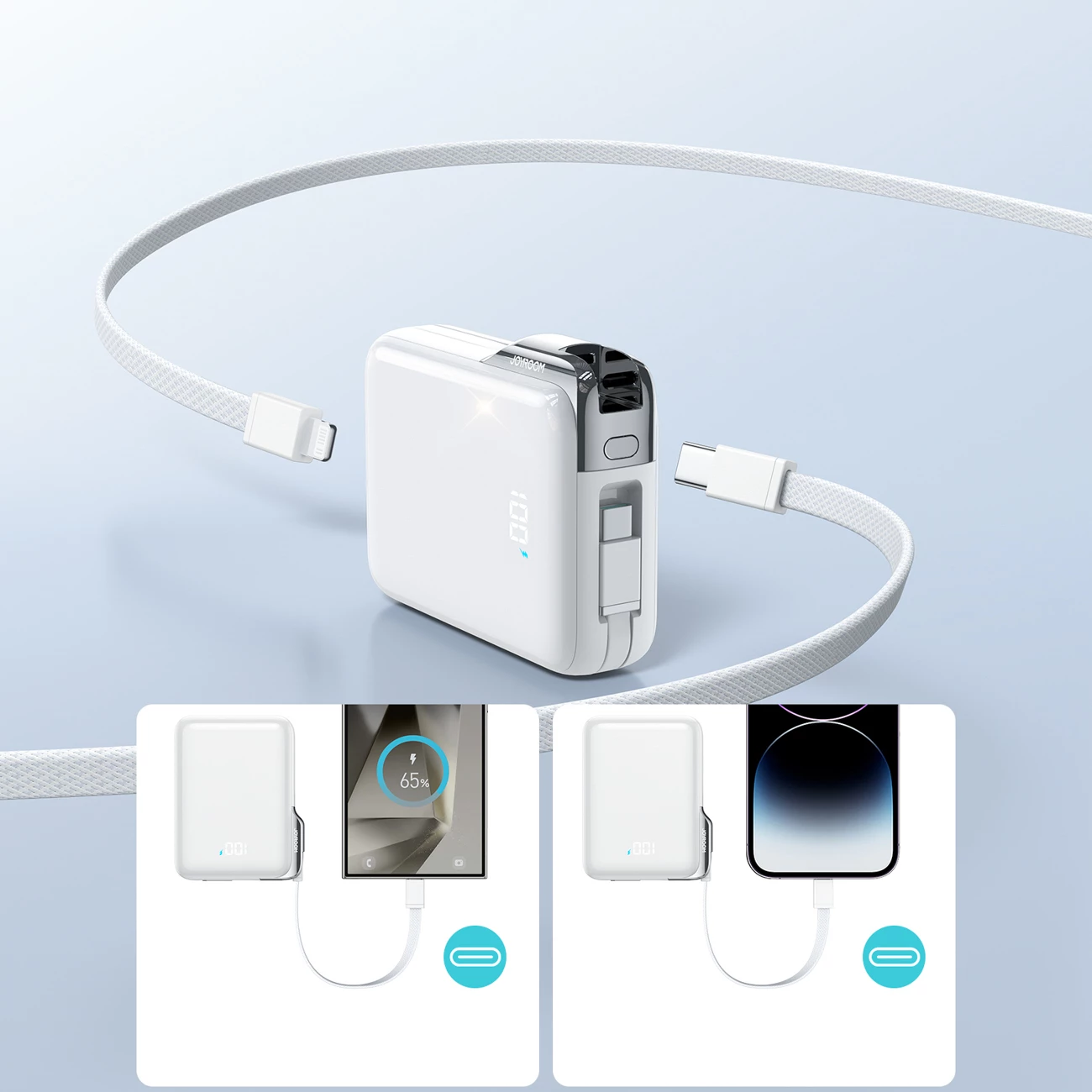 Power bank Joyroom JR-PBF27 Pro 10000mAh 30W me kabllo USB-C të integrume + kabllo USB-C në Lightning, me display, e bardhë
