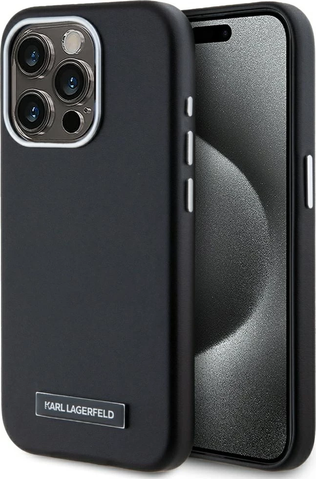 Mbështjellës Karl Lagerfeld FW Metal Plate MagSafe për iPhone 15 Pro, i zi