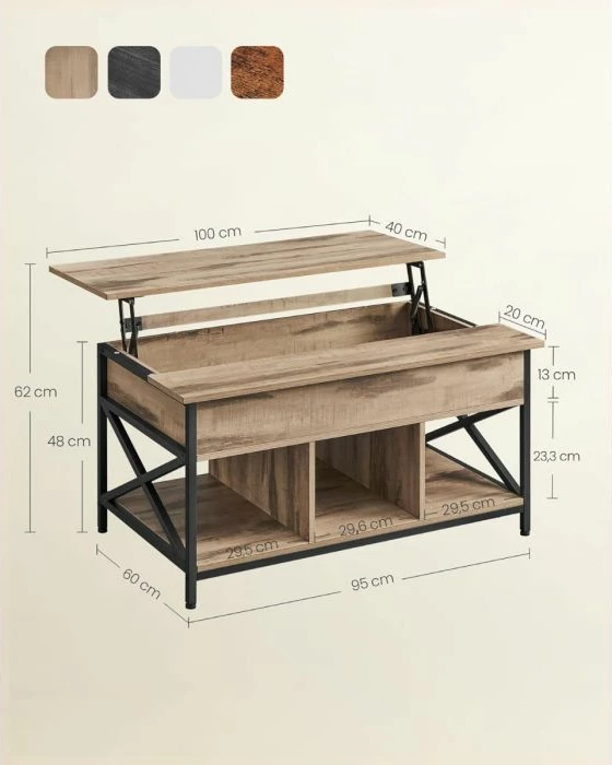 Tavolinë kafeje VASAGLE LCT205K50V1, kapak ngritës, lartësi e rregullueshme 48–62 cm, me hapësirë ruajtjeje, 60×95 cm, kafe kamel/zi