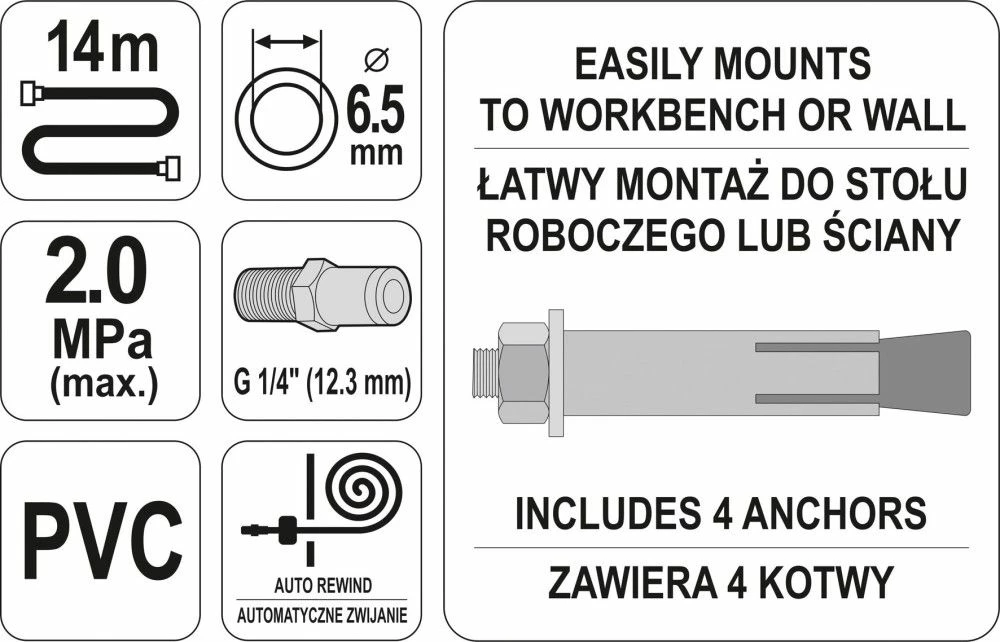 Zorrë pneumatike me rrotull Yato YT-24243 14 m 20 bar 1/4", e kuqe