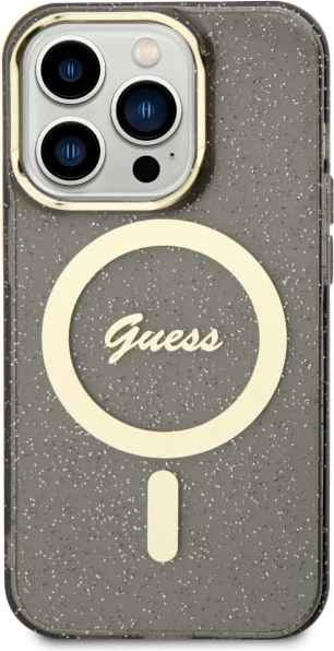 Mbështjellës Guess GUHMP14XHCMCGK për iPhone 14 Pro Max 6.7", Glitter Gold MagSafe, zi