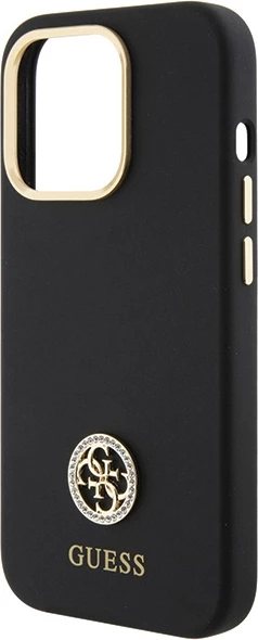Mbështjellës Guess Silicone Logo Strass 4G për iPhone 15 Pro Max, zi