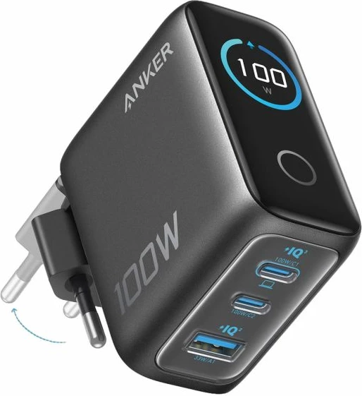 Karikues ANKER B121BGZ1 100W GaN me ekran smart, 3 porta (2x USB-C, 1x USB-A), gri e errët