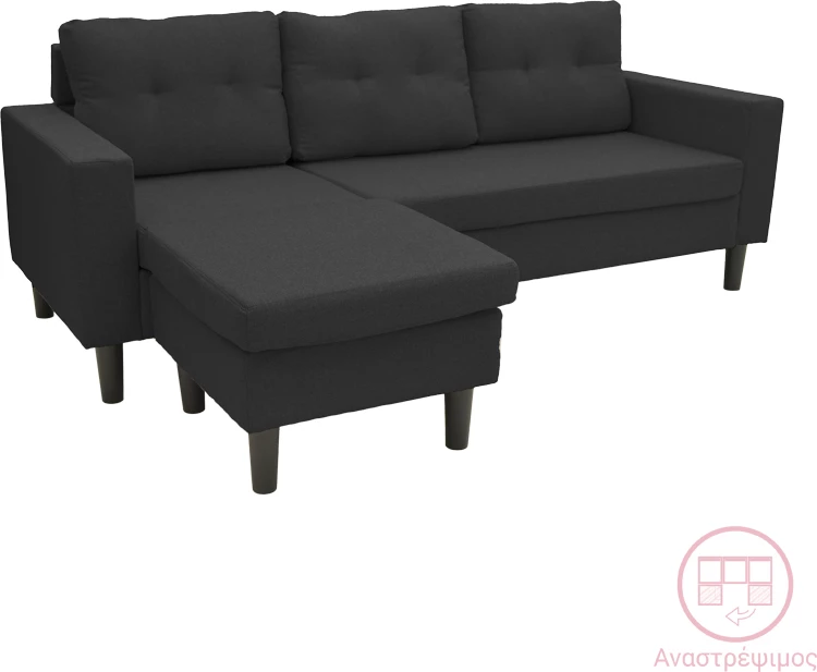 Këndore e kthyeshme Maneli, material stof, e zezë, 196x138/77x82cm