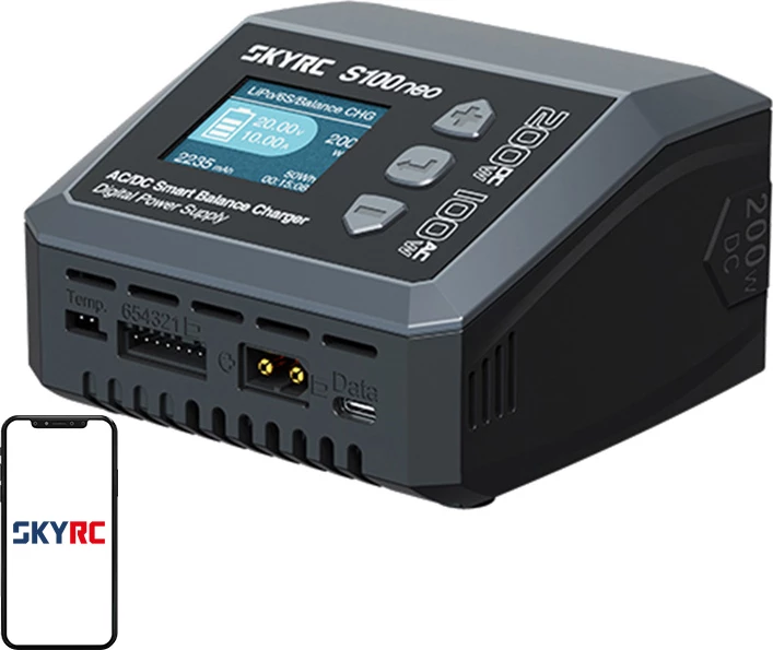 Karikues smart SkyRC S100neo AC/DC 100W/200W, ekran 1.77", për bateri LiPo/LiHV/LiFe/LiIon 1-6S, NiMH/NiCd, Pb, i zi/gri