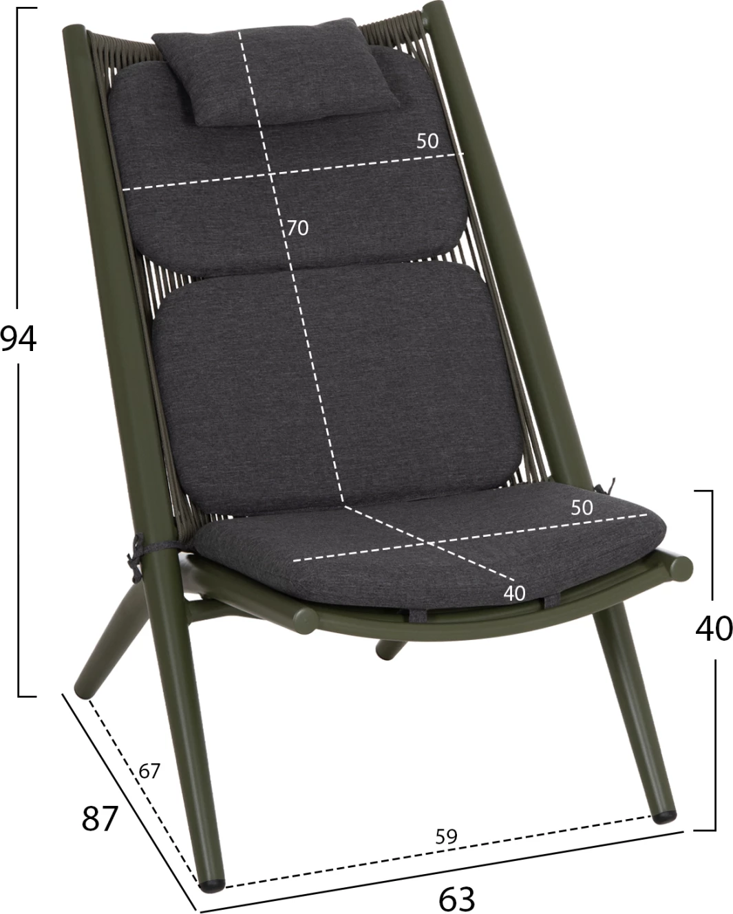 Karrige relaksuese për jashtë REMUS FH6642.07, alumin dhe litar olefin, jeshile ulliri, 63x87x94 cm