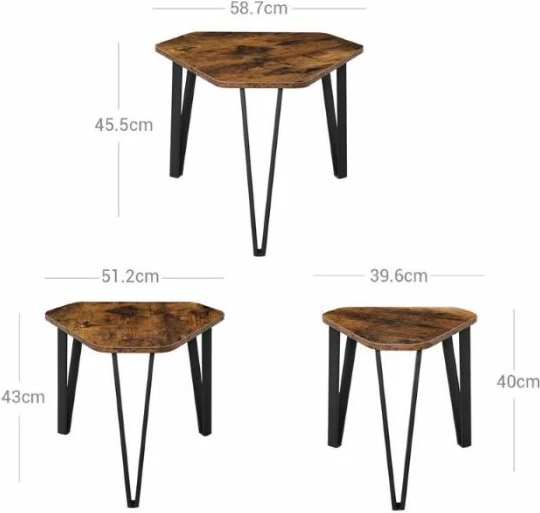 Set tavolinash anësore VASAGLE ALINRU LNT14BXV1, 3 copë, stil industrial/rustik, Rustic Brown/zi