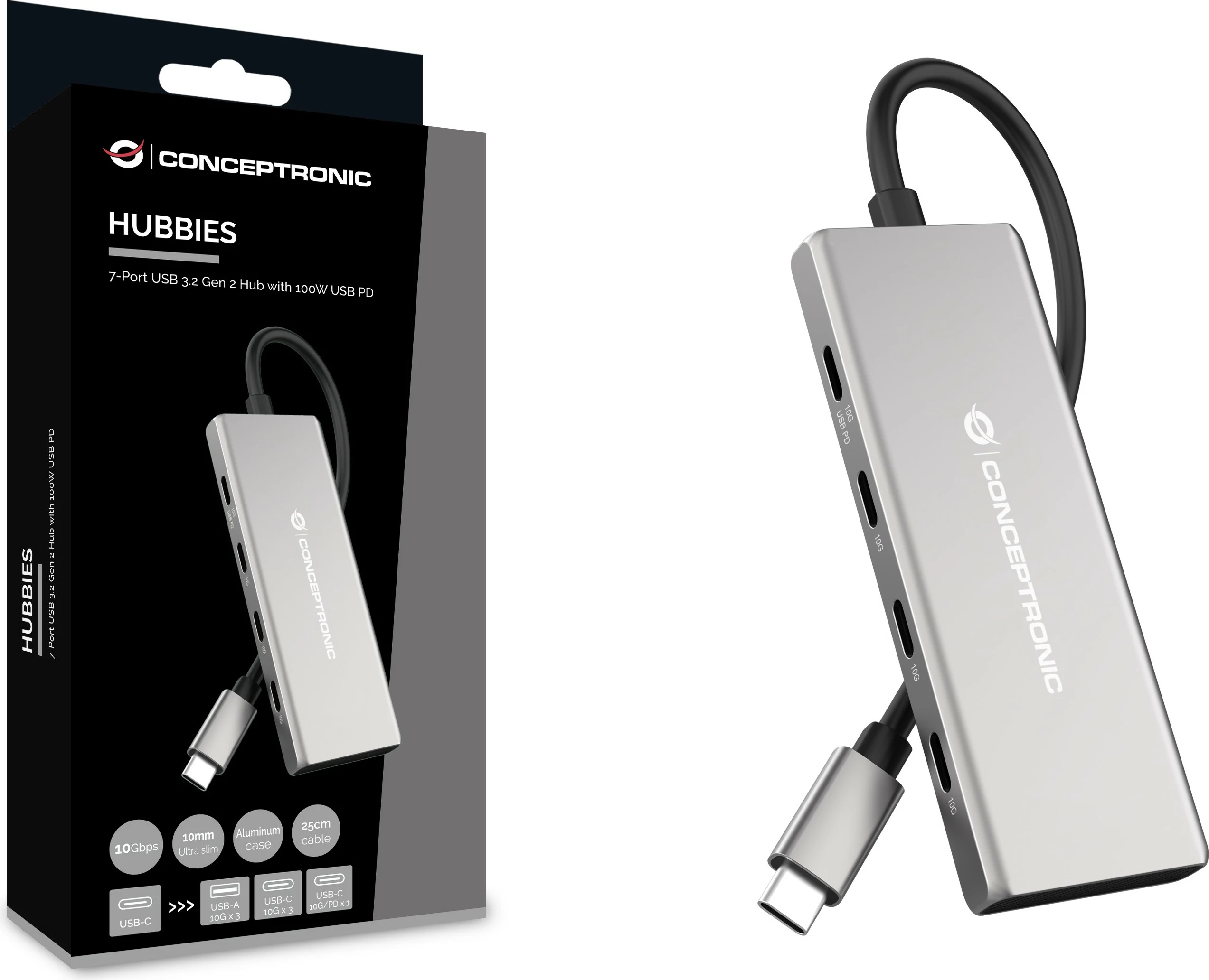 Dock Conceptronic 7-1 USB-C në 3xUSB-C/3xUSB-A, 25cm, gri