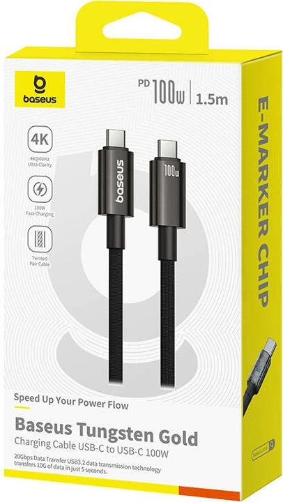 Kabllo USB-C në USB-C Baseus Tungsten Gold, 1.5m, 100W, e zezë