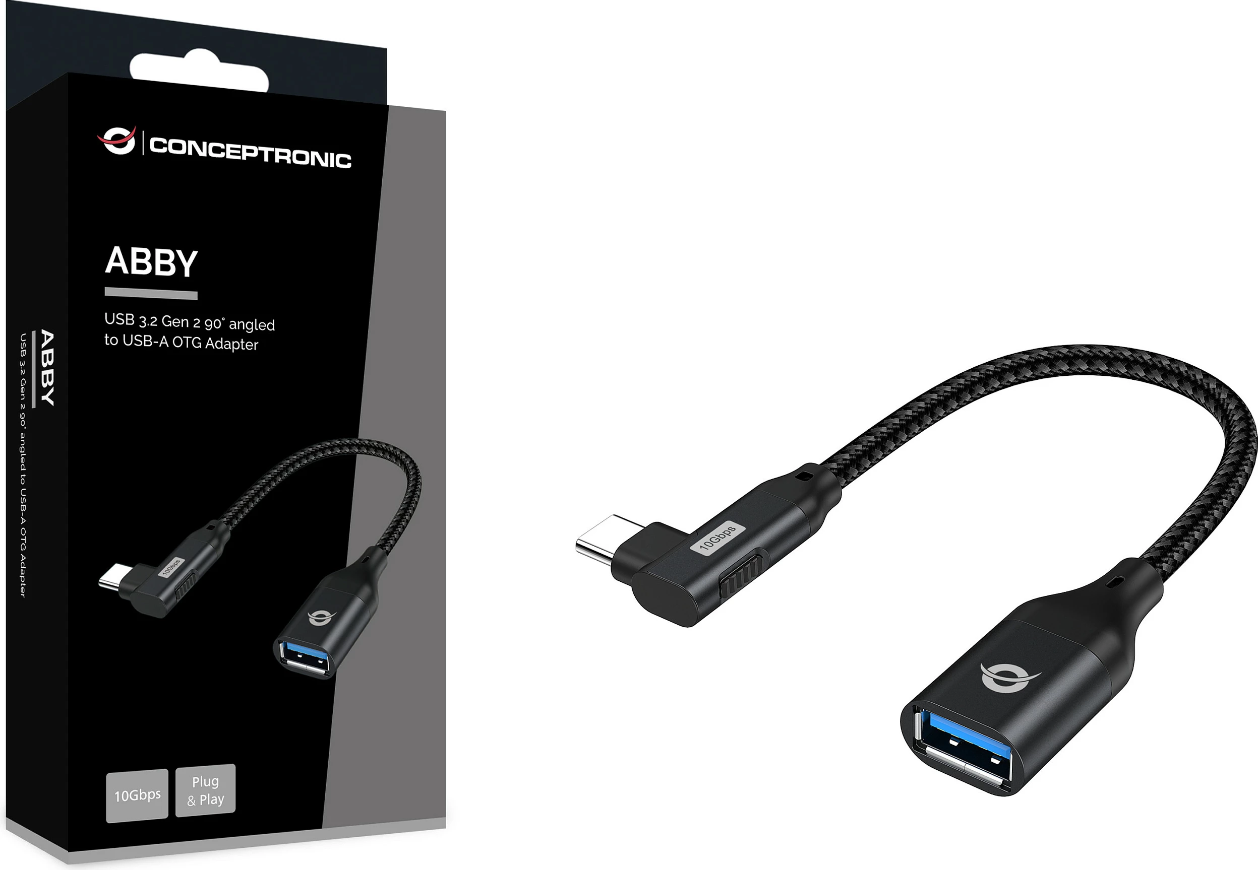 Adapter OTG USB-C në USB-A Conceptronic ABBY19B, USB 3.2 Gen 2, 10Gbps, 90°, i zi