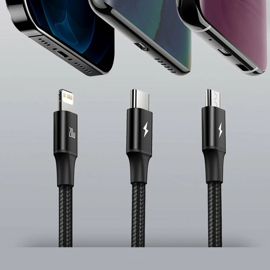 Kabllo 3-në-1 Baseus Rapid Series CAMLT-SC06, 1.5m, 20W, USB-C/Lightning/micro USB, e gjelbër