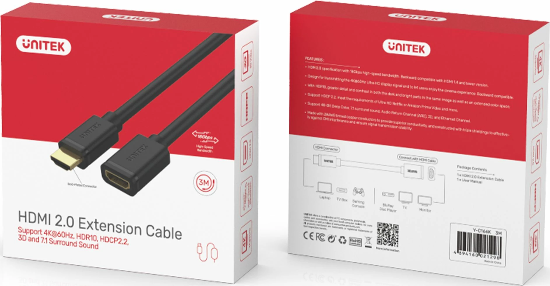 Kabllo zgjatëse HDMI Unitek Y-C166K 3m, e zezë