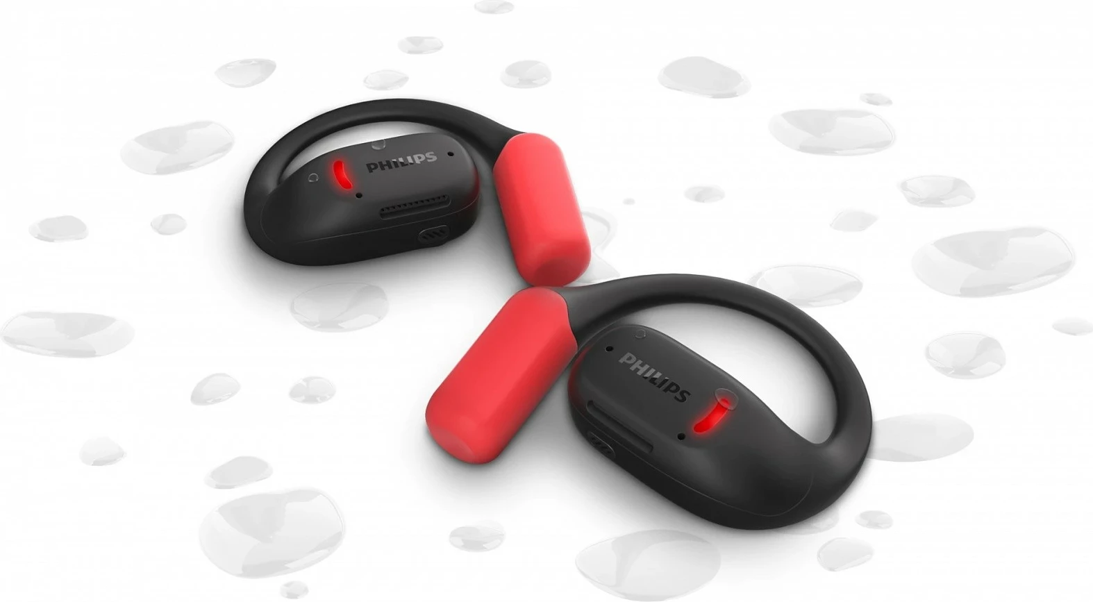 Kufje pa tela TWS, Philips TAA6709BK/00, open-ear sport me varëse mbi vesh, Bluetooth 5.4, IP55, deri 28h, USB‑C, e zezë/kuqe