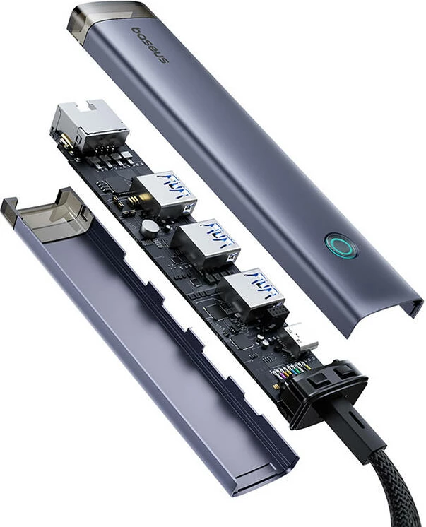 Hub Baseus UltraJoy 4in1, USB-A & USB-C në 3xUSB3.0 + USB-C + RJ45, Gri