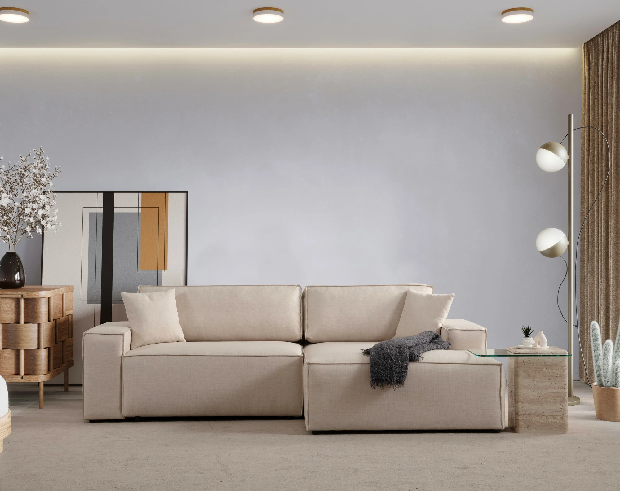 Kënd-sofë krevate Atelier del Sofa, kënd i djathtë, ngjyrë ecru