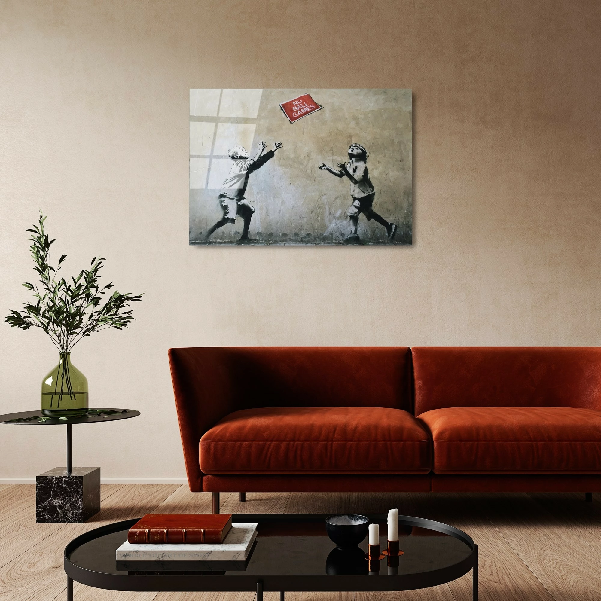 Pikturë dekorative në xham të temperuar, Banksy, shumëngjyrëshe, 45x65cm