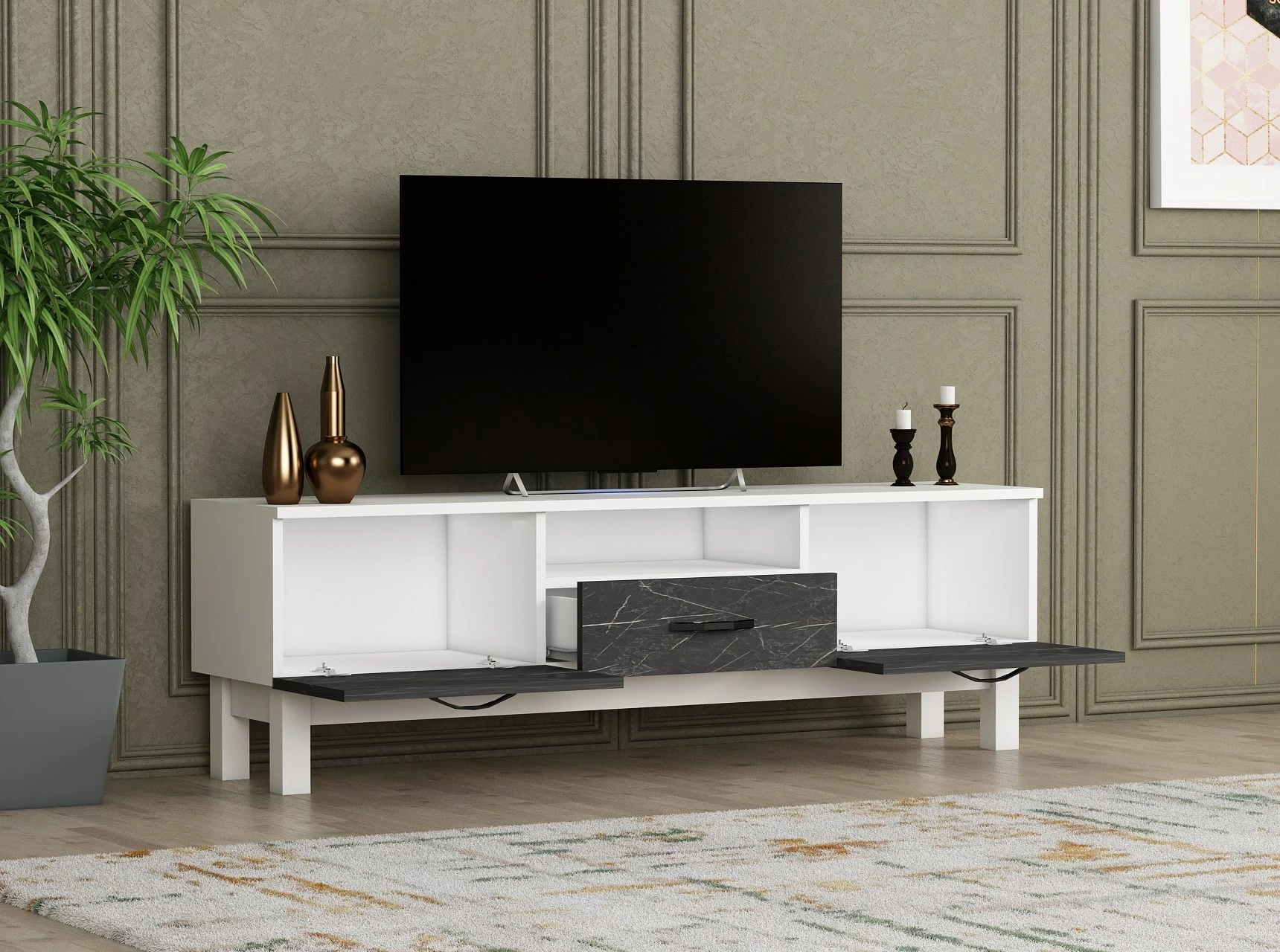 Komodë TV Hanah Home, Suzi, mermer, e bardhë dhe e zezë