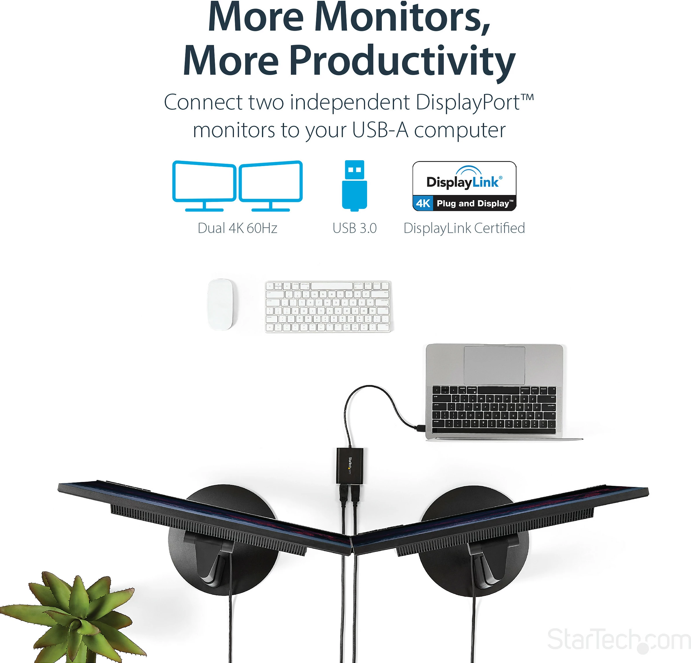 Adapter USB 3.0 në Dual DisplayPort StarTech USB32DP24K60, 2x 4K 60Hz, i zi
