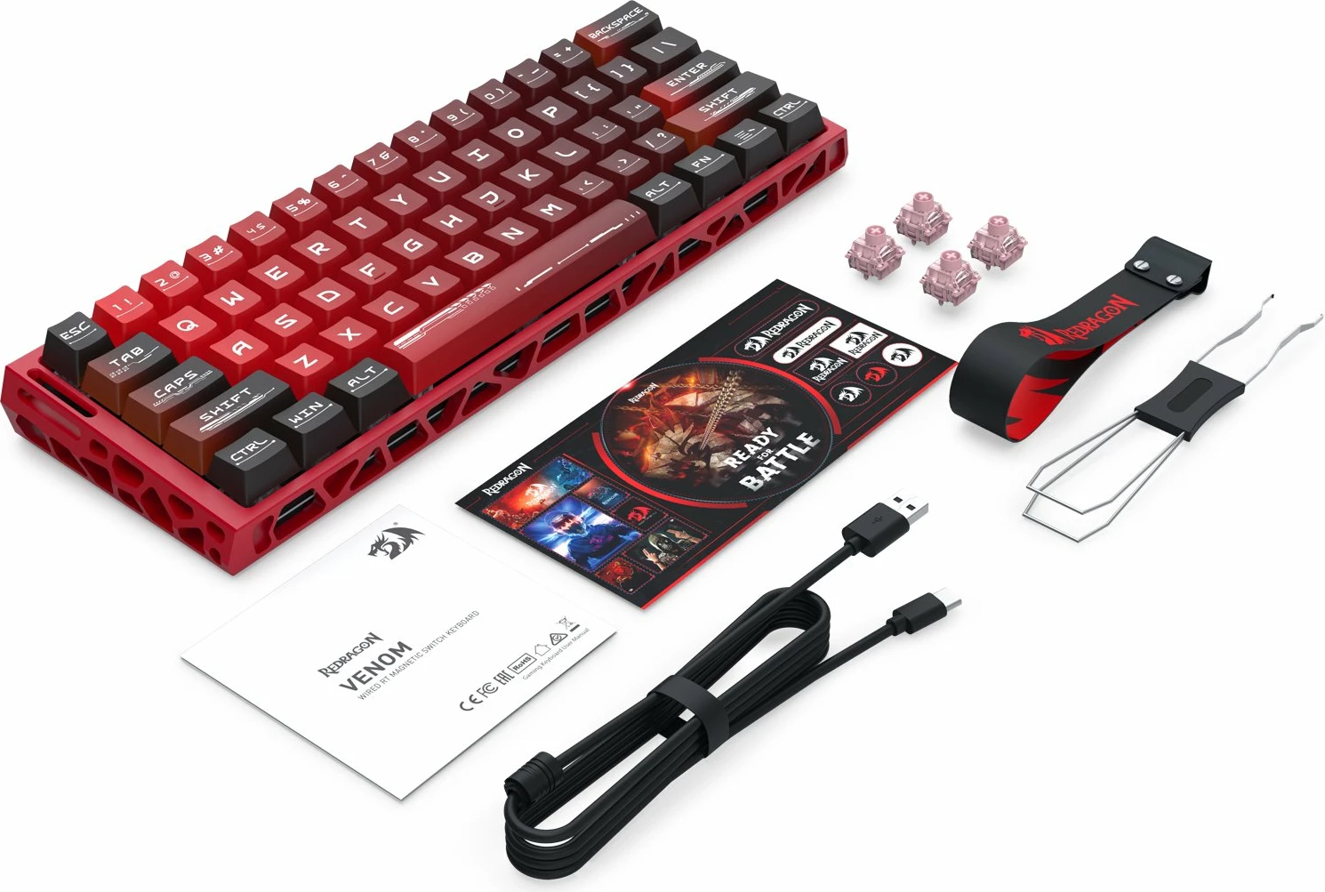 Tastierë gaming Redragon Venom K753-RGB-M 60% (61 taste), magnetic Next-GEN UltraMag, Rapid Trigger, RGB, USB-C, US layout, e kuqe