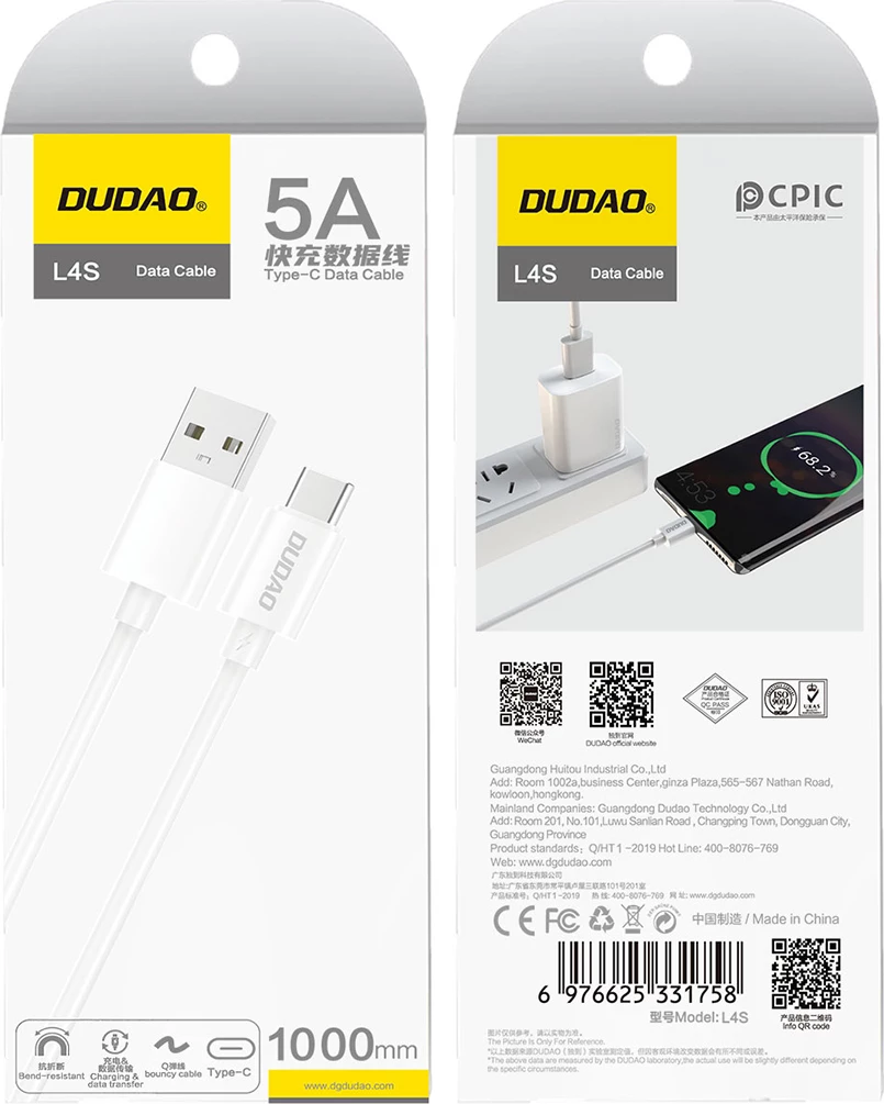 Kabllo karikimi dhe të dhënash Dudao L4ST, USB-A në USB-C, 1m, e bardhë